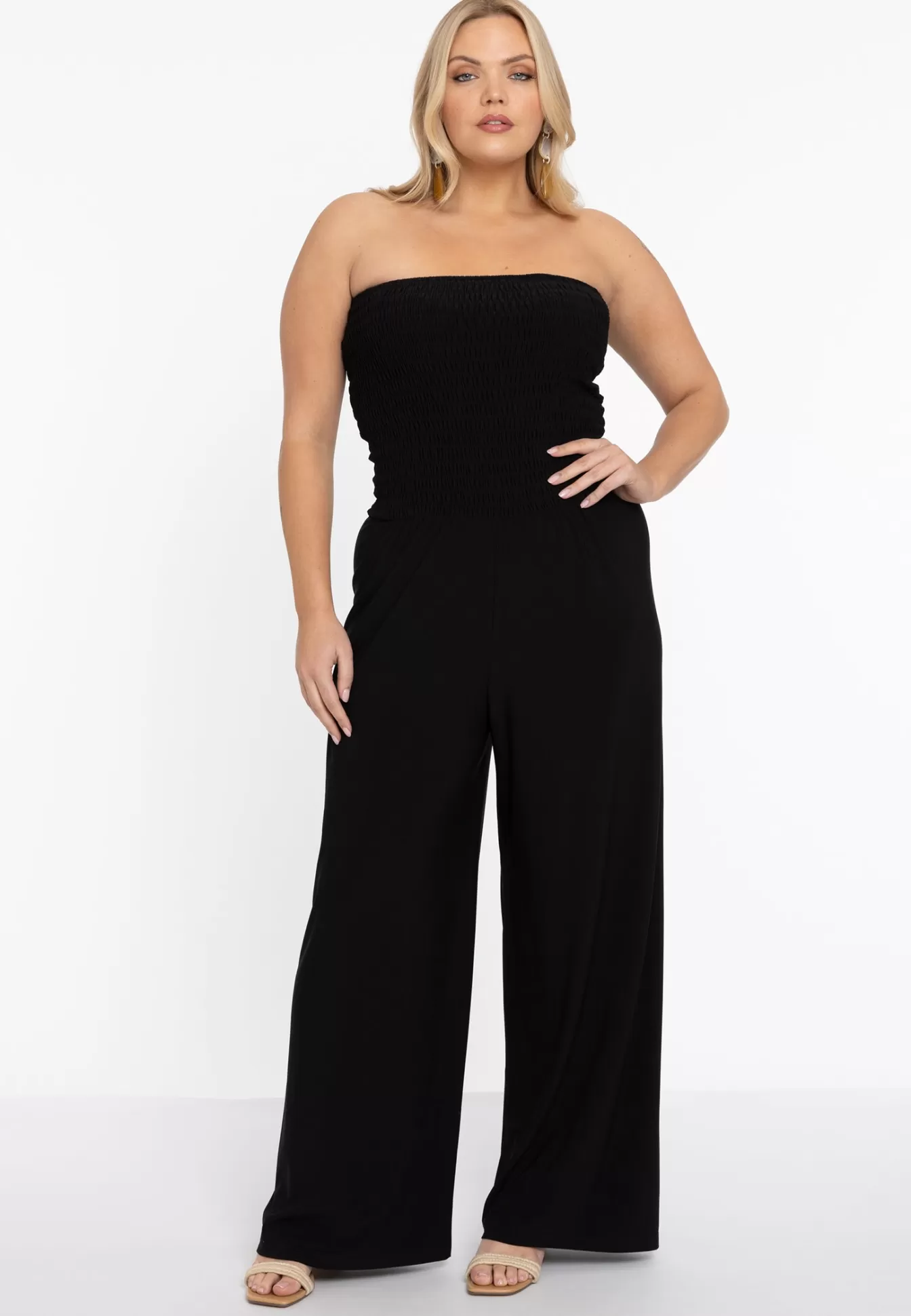 YOEK Jumpsuit smocked strapless DOLCE Black New