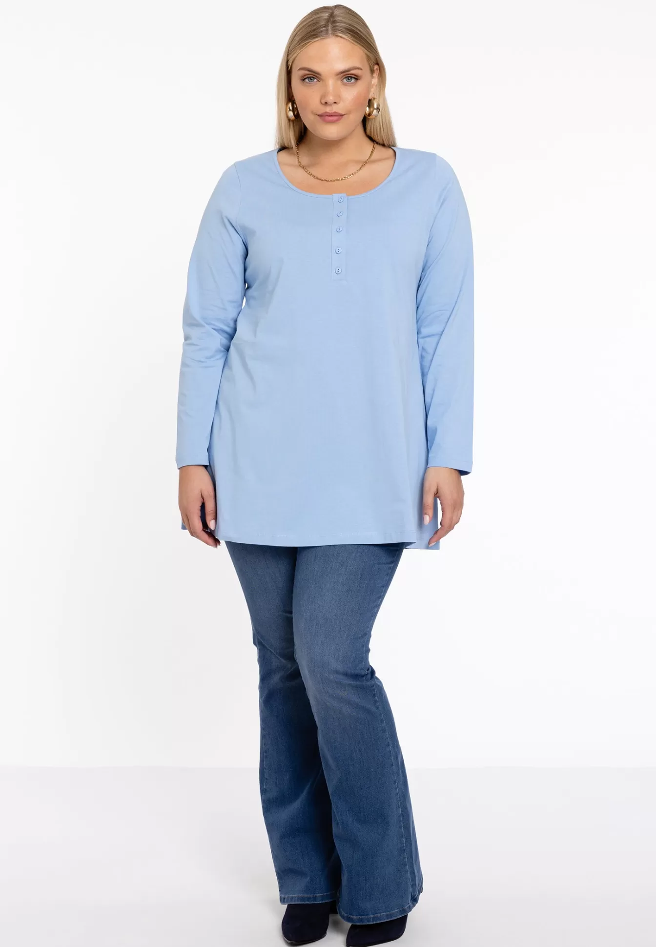 YOEK Tuniek flare knopen COTTON Lightblue Clearance